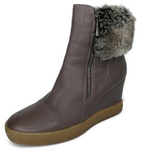 Aquatalia Leather Fur Trim Wedge Double Zip Boots